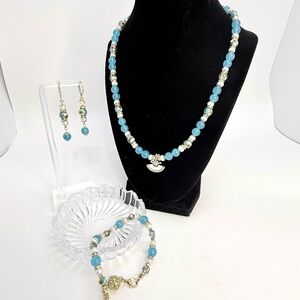 Artisan Blue Topaz, Cloisonné, & Freshwater Pearl Jewelry Set